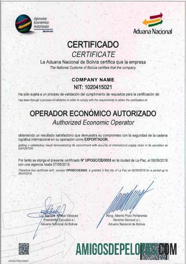 Exemplo de certificado de registro da Bolívia